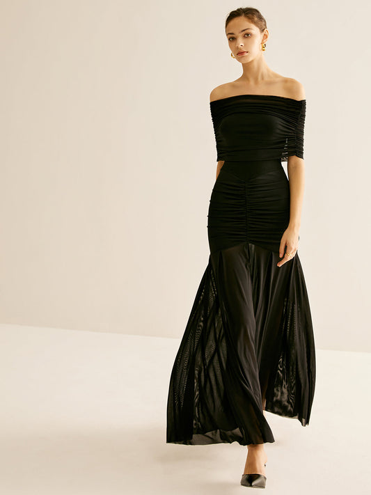 Robe longue off-shoulder drapée