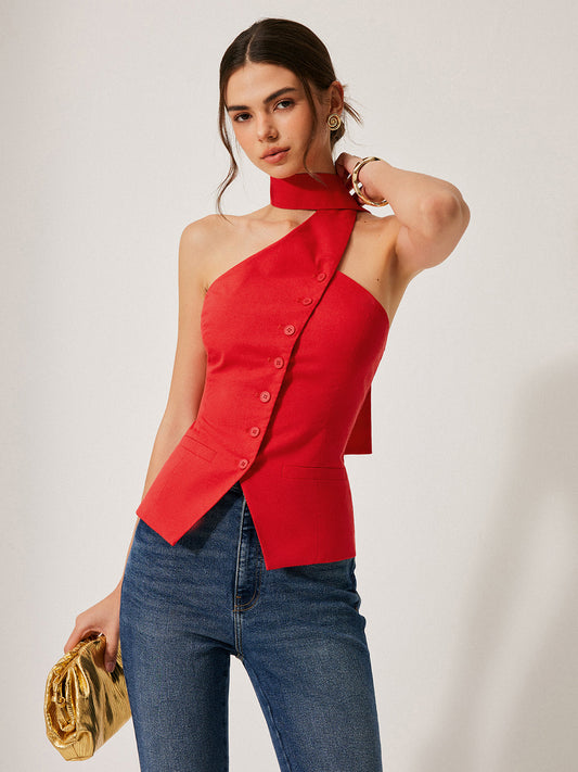 Top asymétrique à col noué