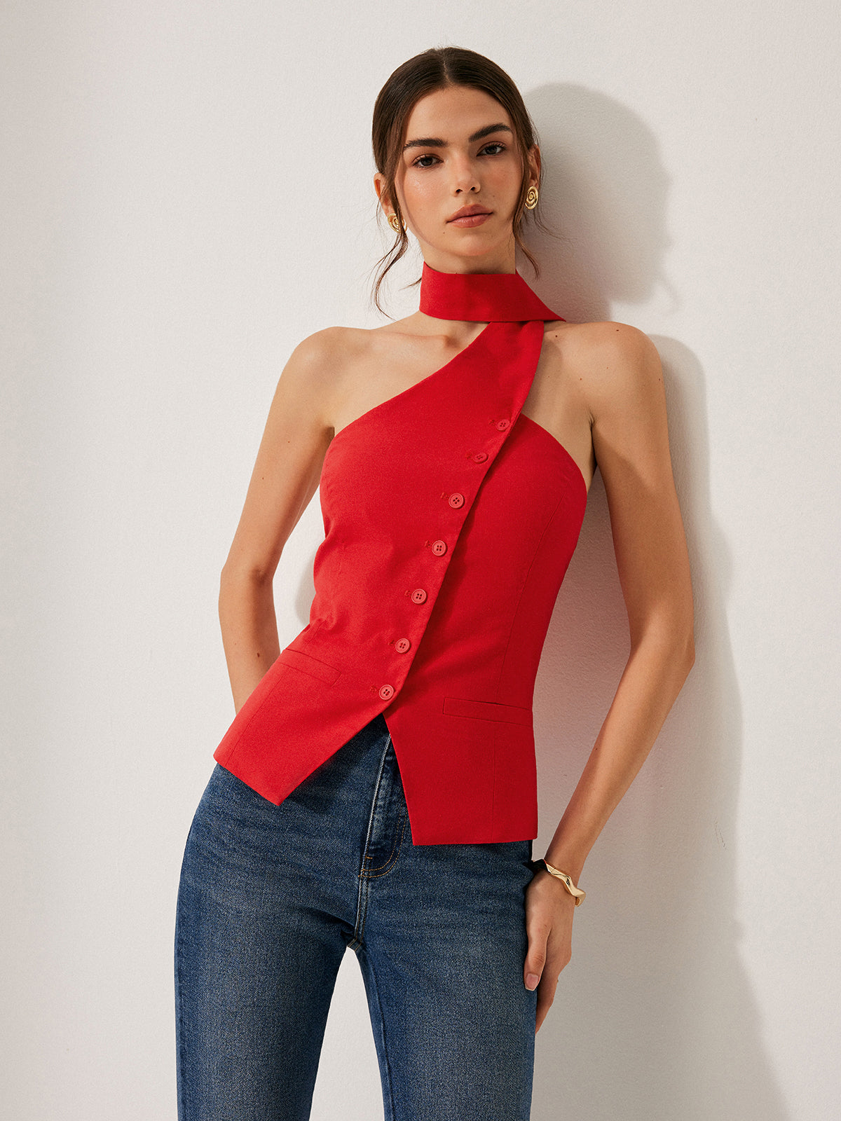 Top asymétrique à col noué