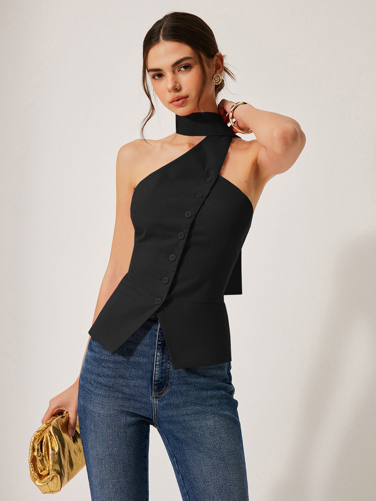 Top asymétrique à col noué