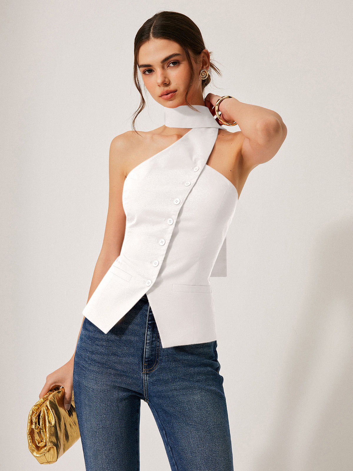 Top asymétrique à col noué