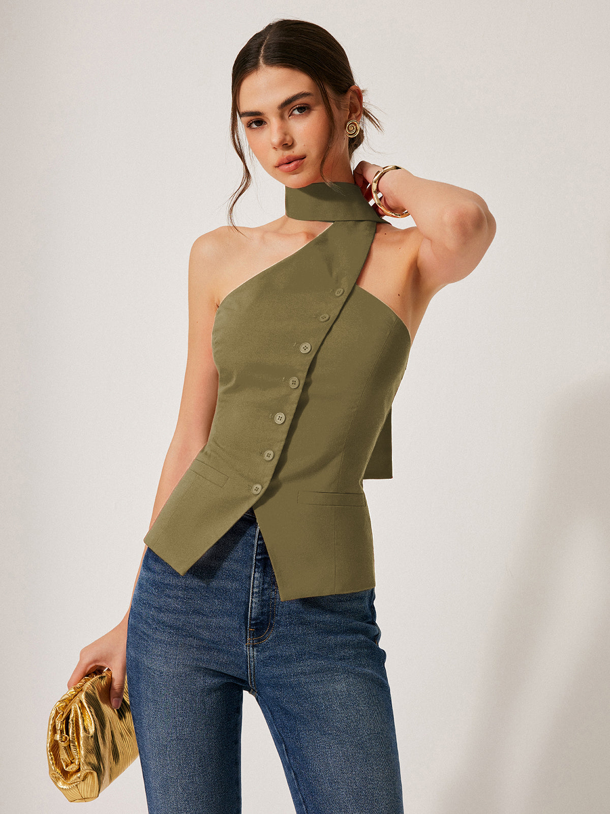 Top asymétrique à col noué