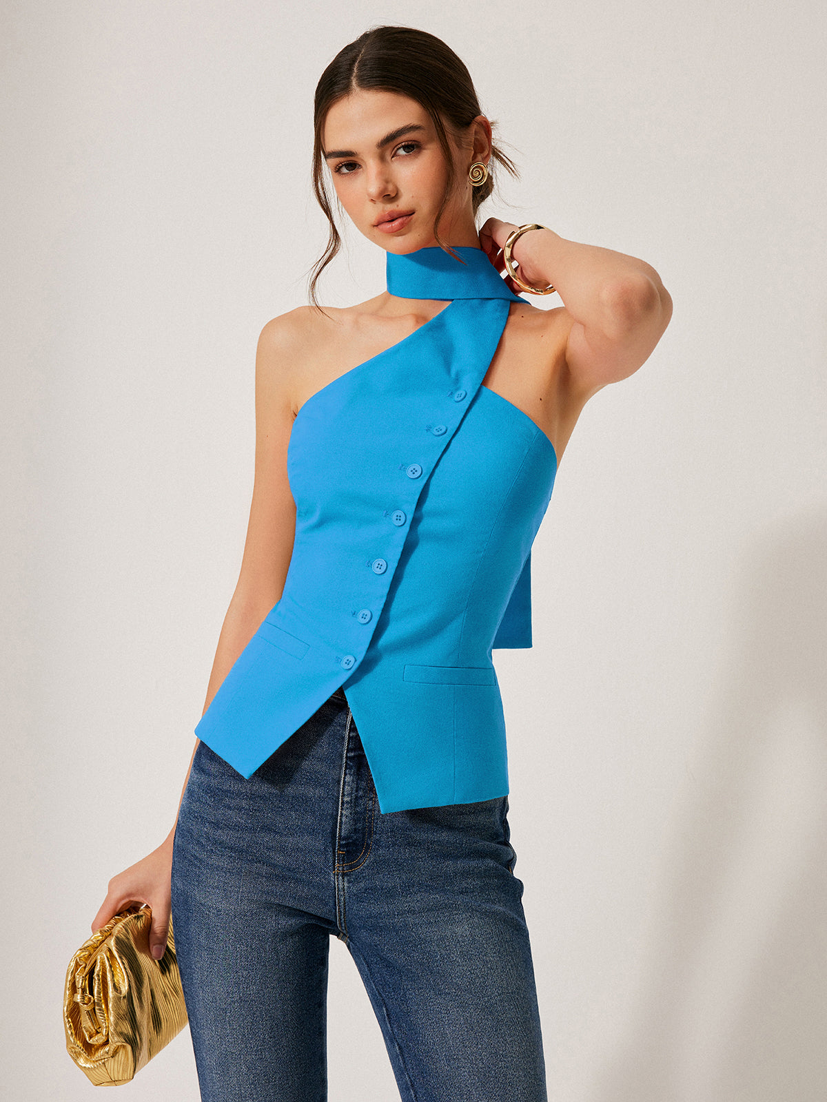 Top asymétrique à col noué